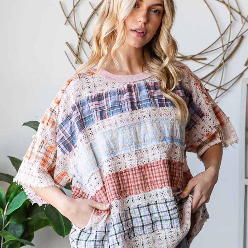 Oli & Hali Lace Plaid Mix Knit Top in Blush